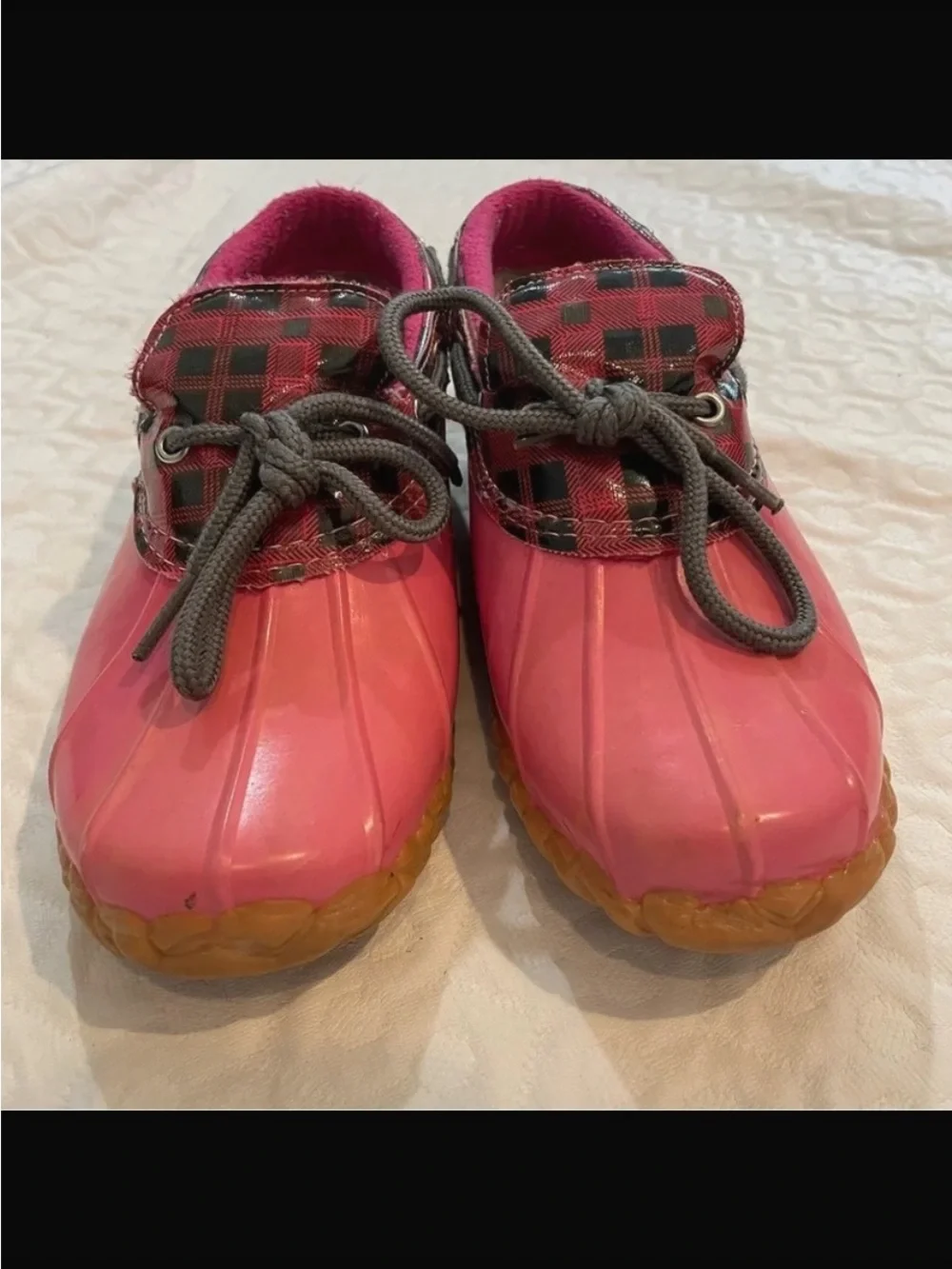 Sperry Kids Pink Waterproof Duck Boots - Plaid Trim 4y